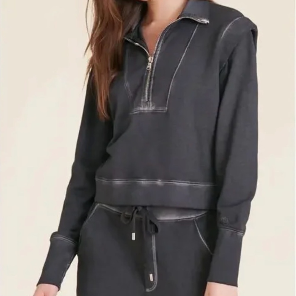 Veronica Beard Dylan Half Zip Sweatshirt Charcoal Acid Wash